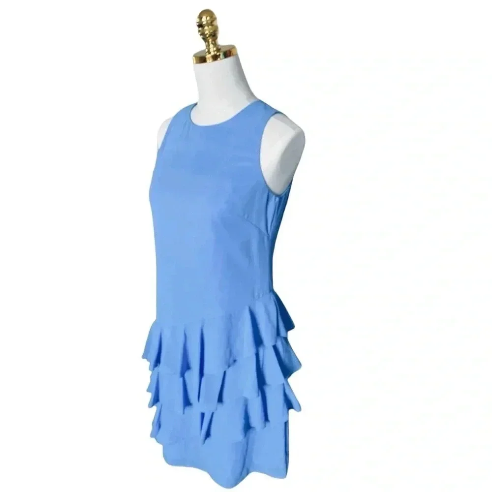 VINCE CAMUTO |Women's Sky Blue Sheer Asymmetric Ruffle Shift Mini Dress Size 2 - Picture 5 of 11